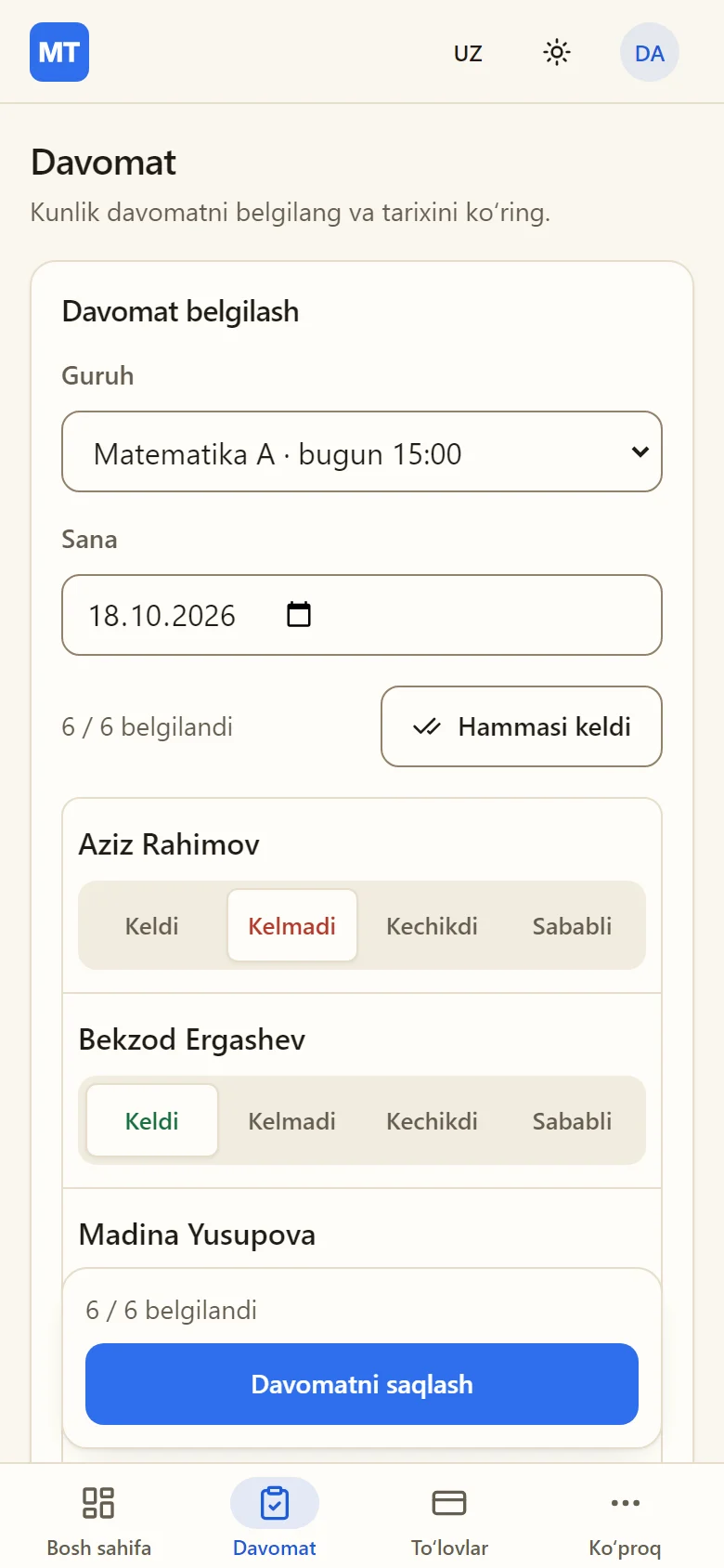 Telefonda davomat: “Hammasi keldi” bosilgan, Aziz Rahimov “Kelmadi” deb belgilangan